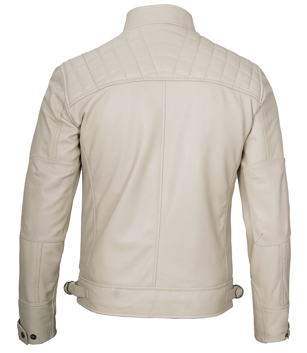 Real Leather Classic Mens Beige Cafe Racer Biker Jacket