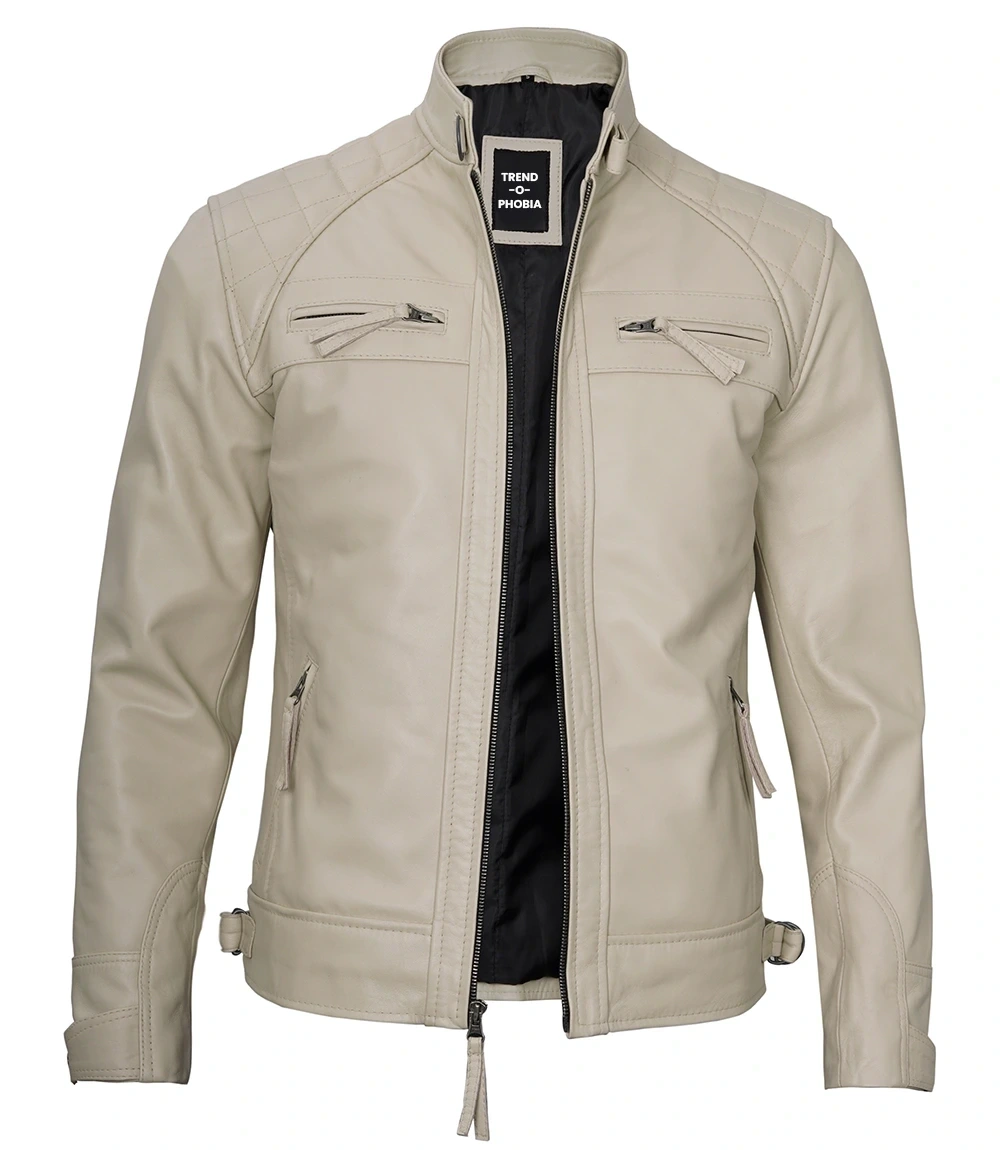 Real Leather Classic Mens Beige Cafe Racer Biker Jacket