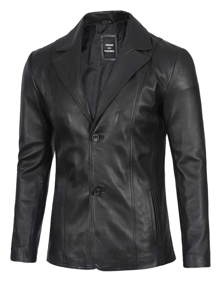 Surrey Men Black Leather Blazer Coat front