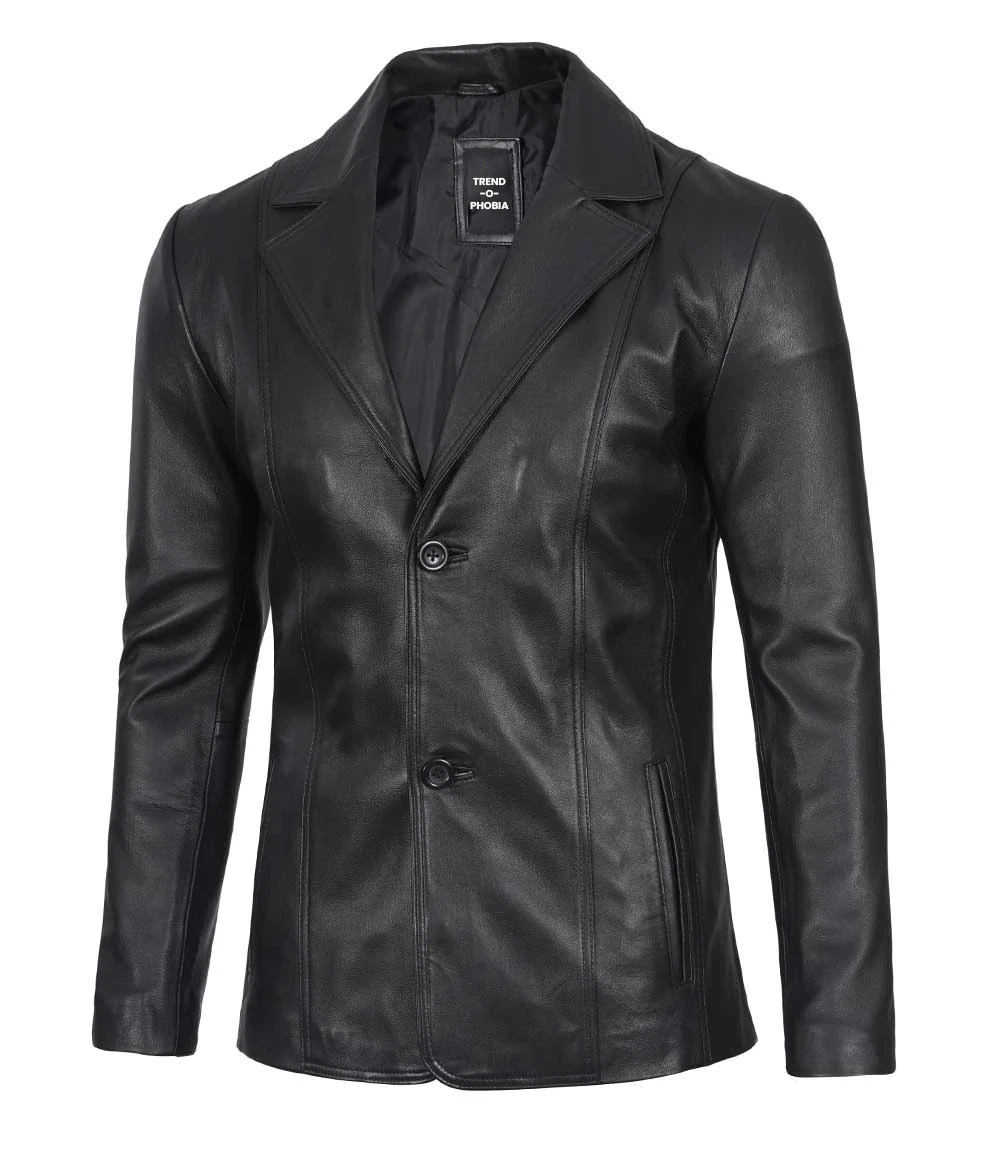 Surrey Men Black Leather Blazer Coat front