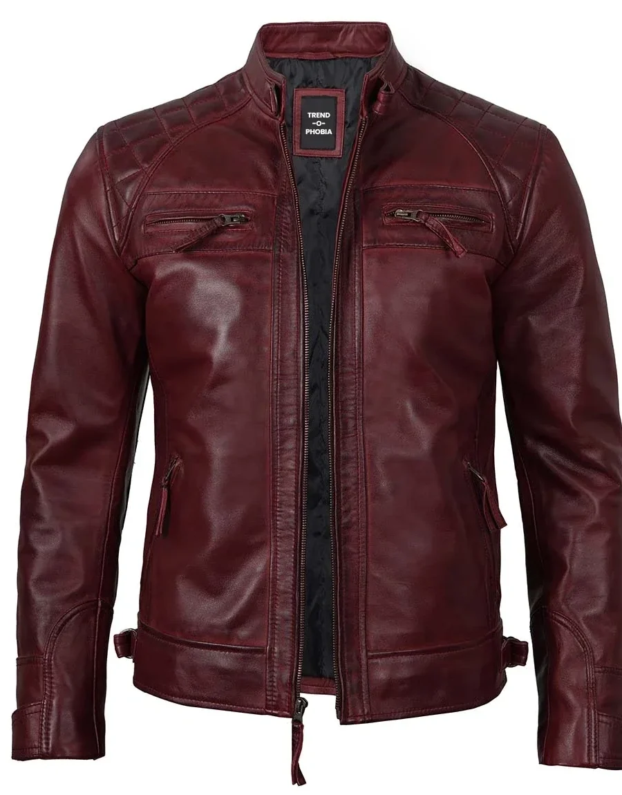 Tall Mens Real Leather Maroon Biker Jacket