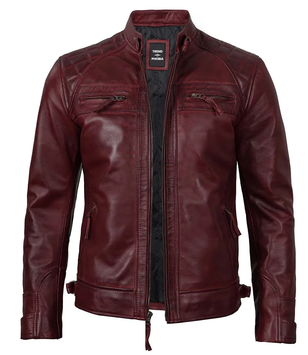 Tall Mens Real Leather Maroon Biker Jacket