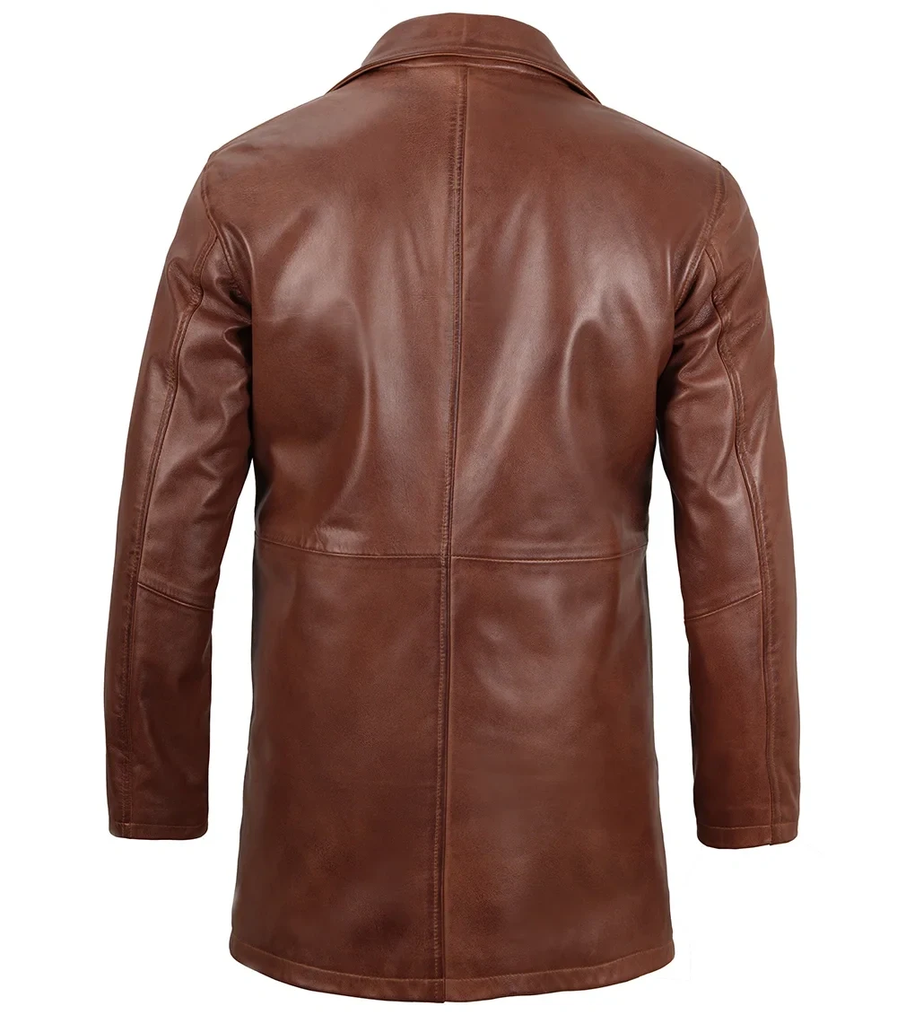 Tan Mens Distressed 34 Length Leather Car Coat