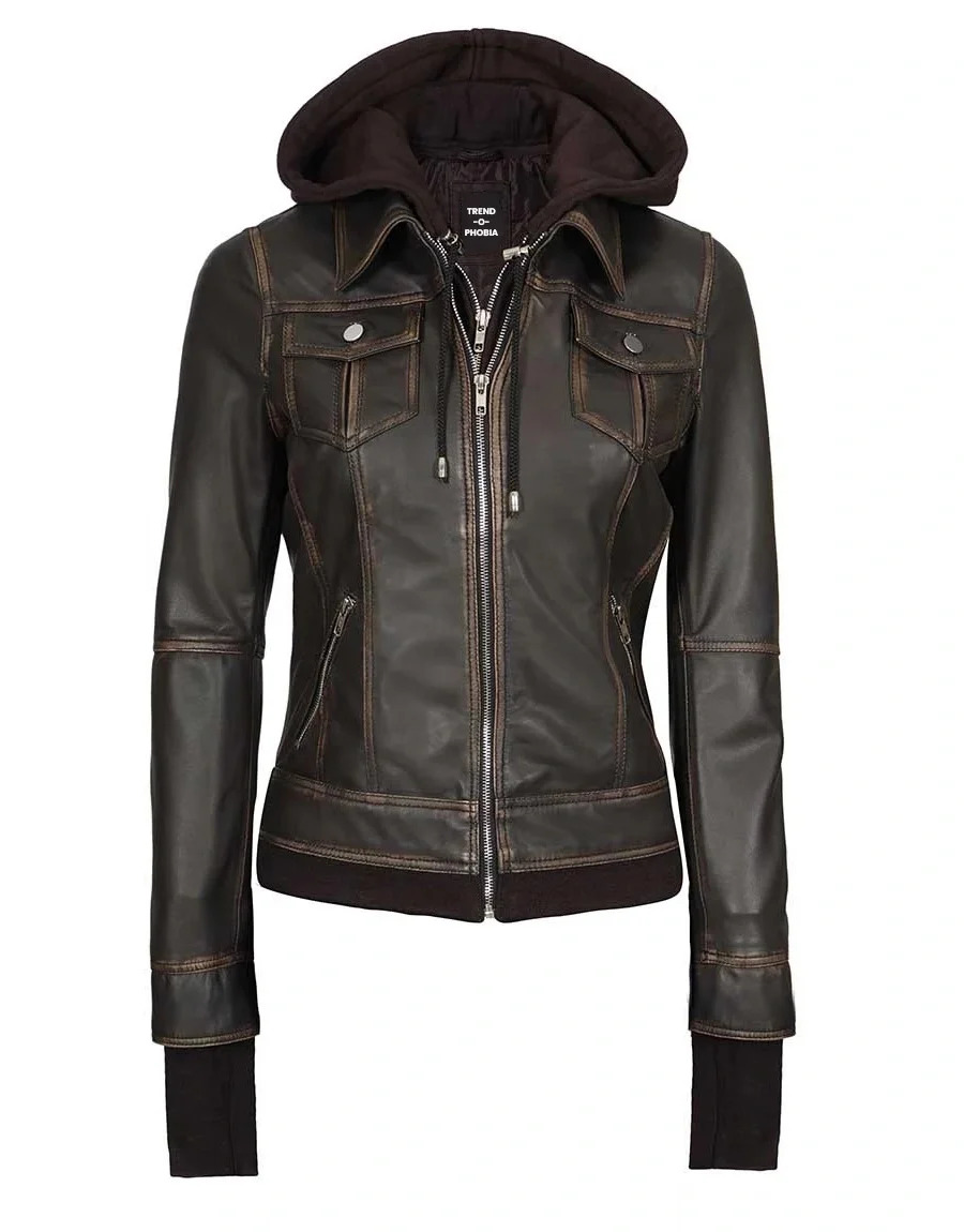 Tralee Dark Brown Bomber Women’s Leather Jacket With Hood