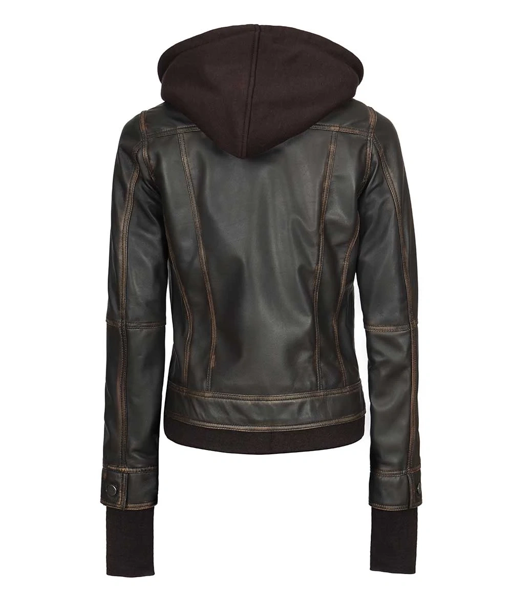 Tralee Dark Brown Bomber Women’s Leather Jacket With Hood