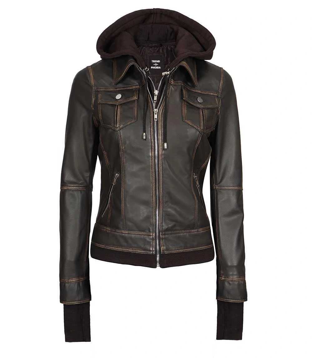 Tralee Dark Brown Bomber Women’s Leather Jacket With Hood
