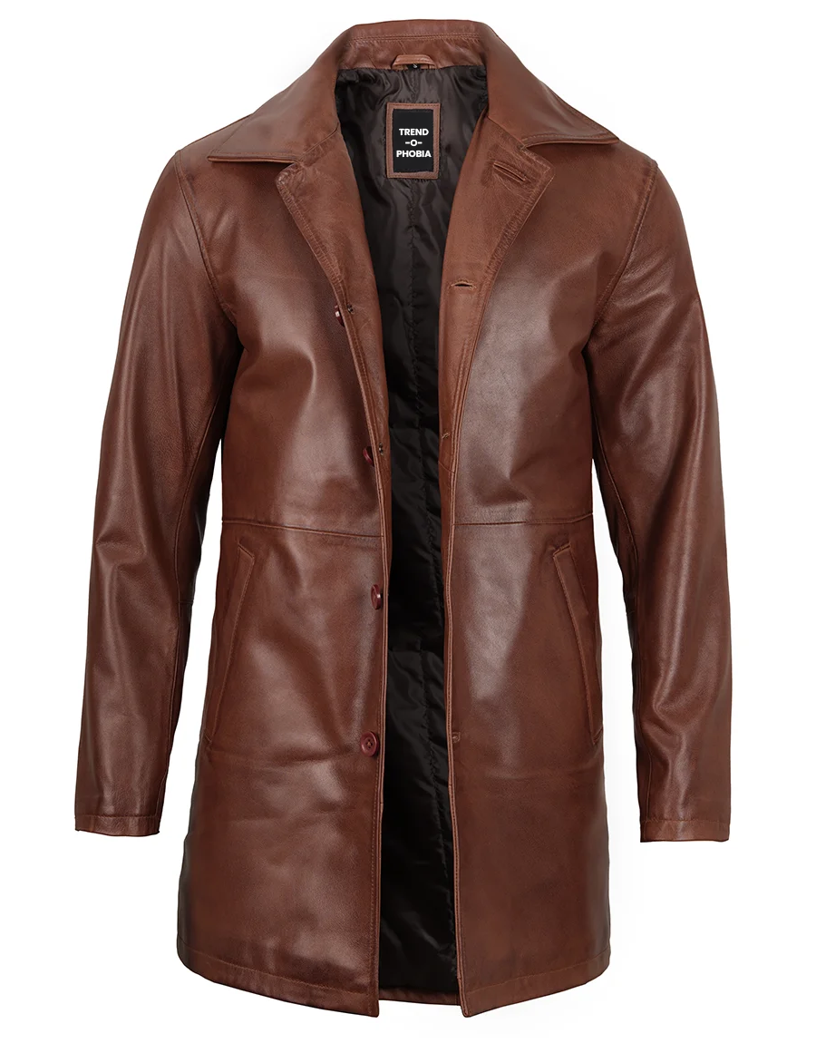 Tan Mens Distressed 34 Length Leather Car Coat