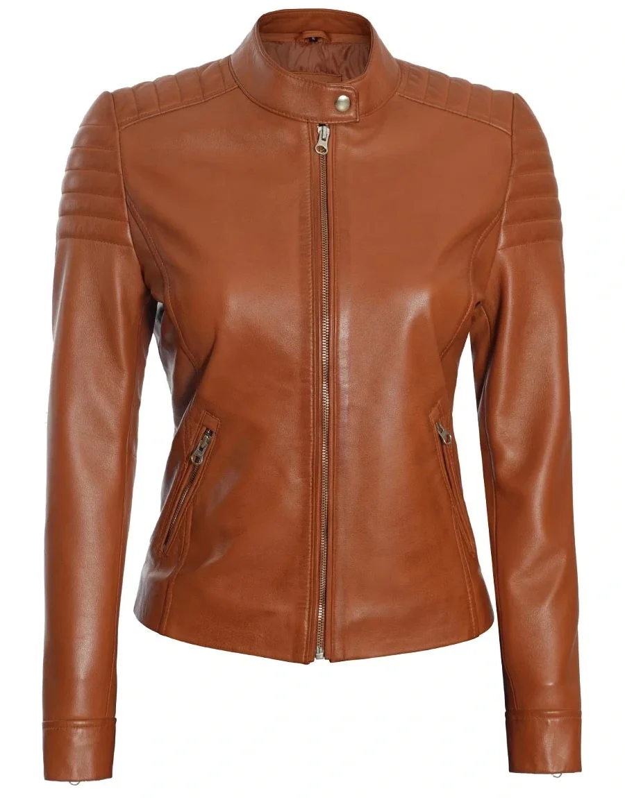 Women Tan Cafe Racer Leather Jacket