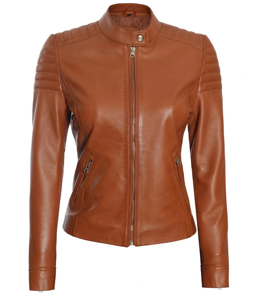 Women Tan Cafe Racer Leather Jacket