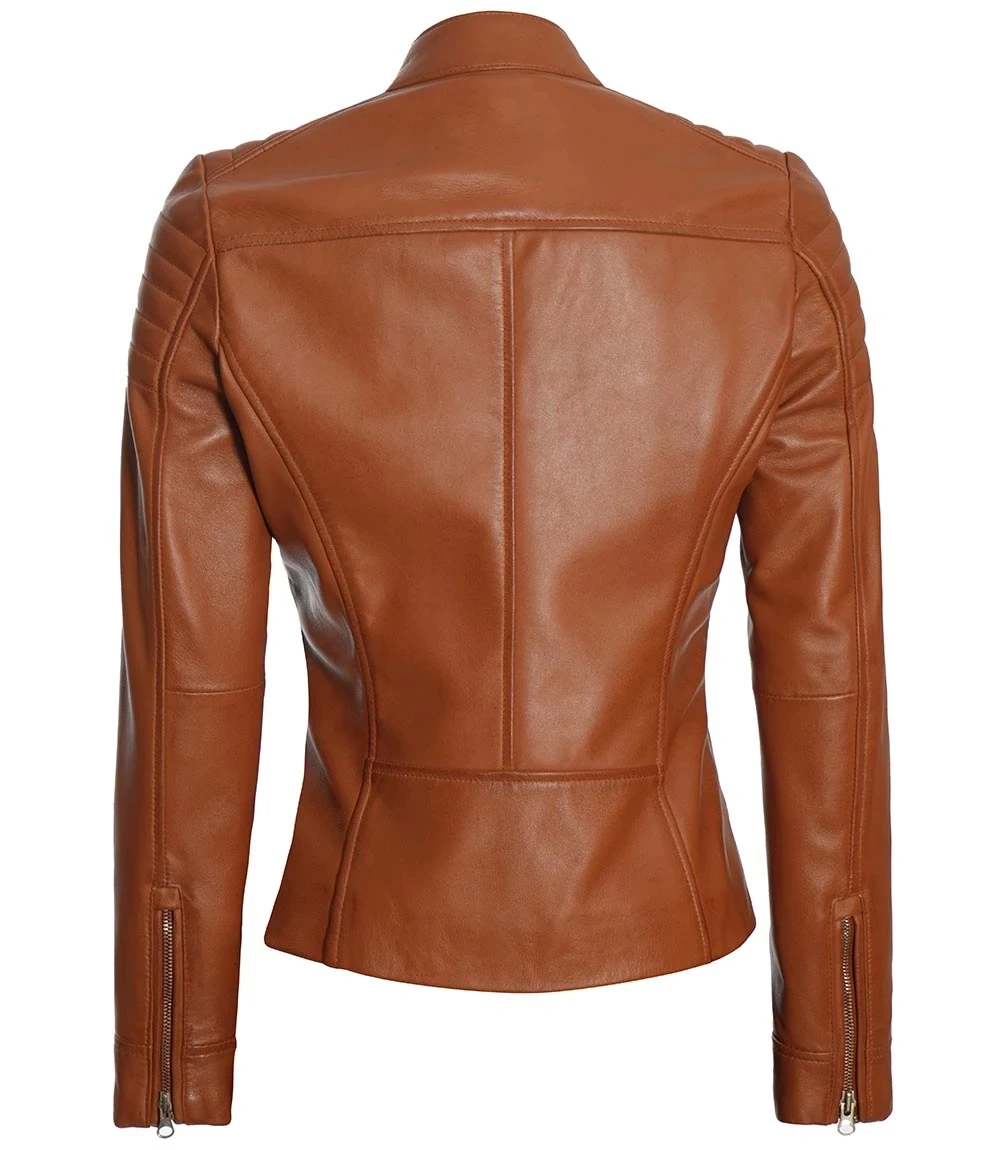 Women Tan Cafe Racer Leather Jacket