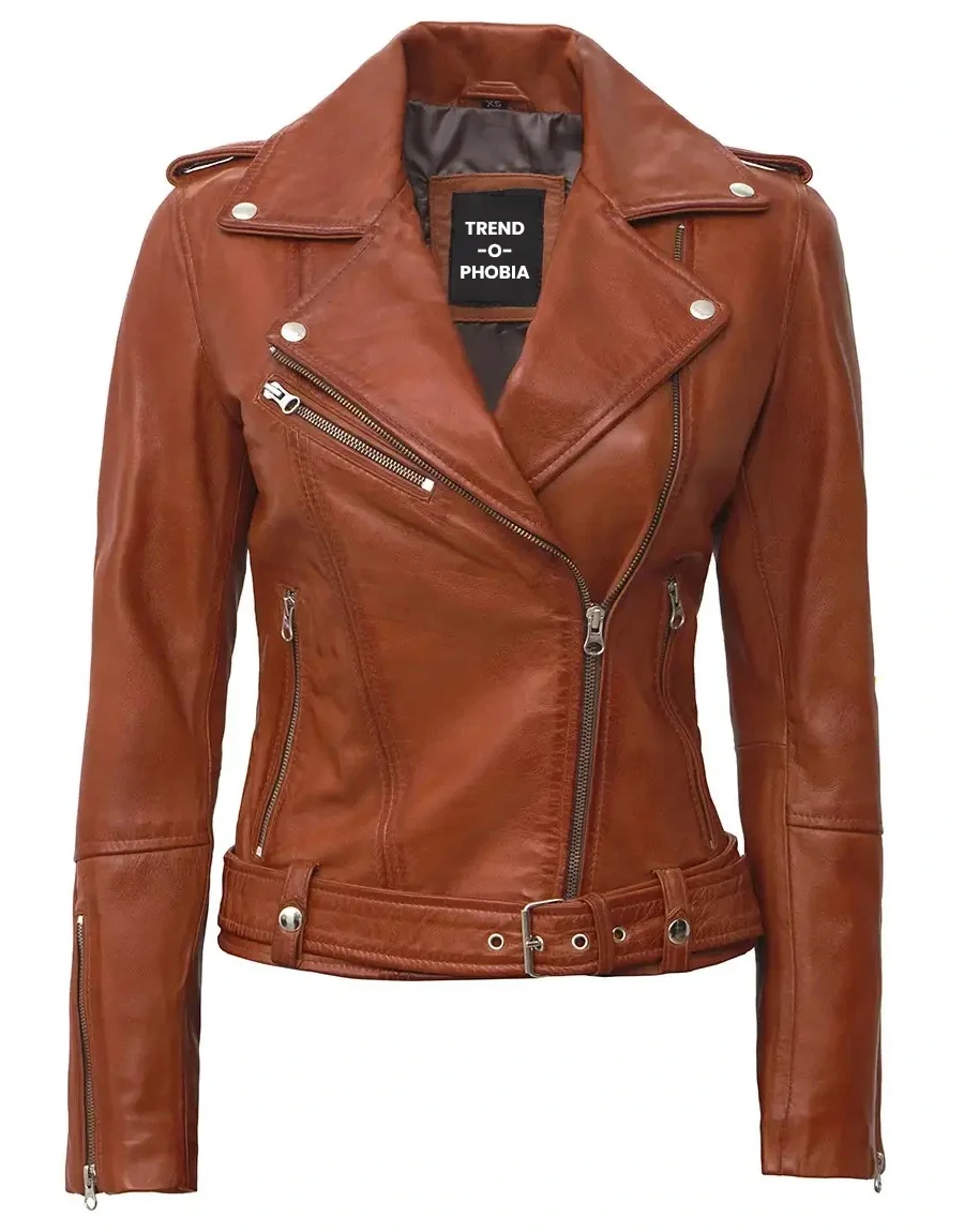 Women’s Asymmetrical Biker Tan Leather Jacket