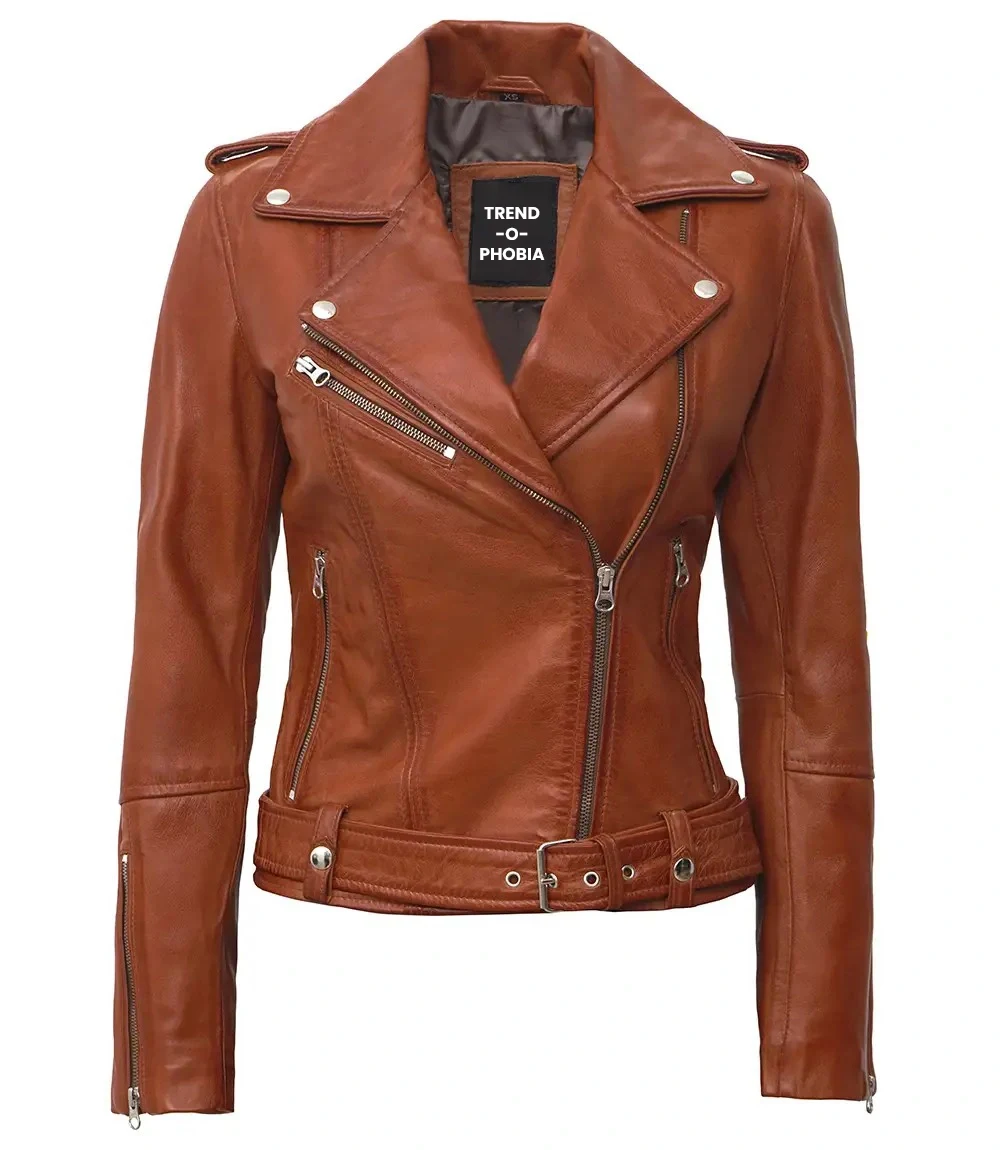 Women’s Asymmetrical Biker Tan Leather Jacket