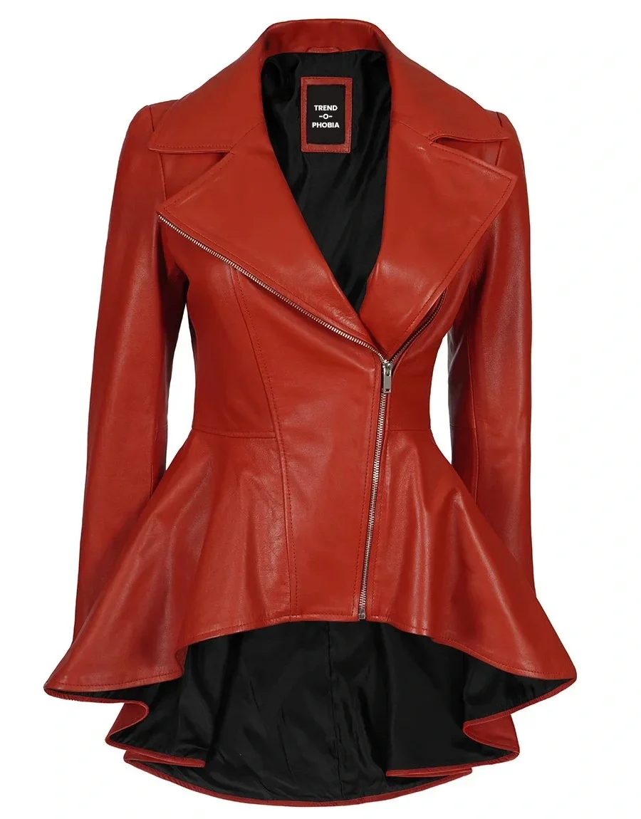 Womens Biker Style Red Premium Leather Peplum Jacket