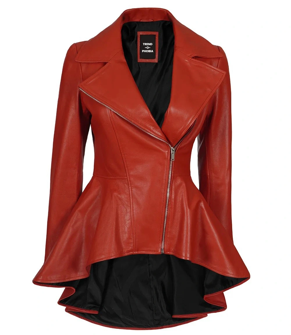 Womens Biker Style Red Premium Leather Peplum Jacket