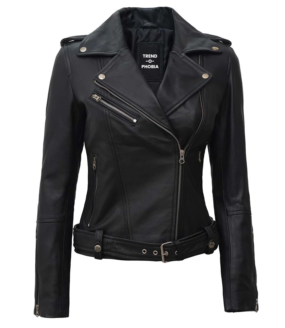 Women’s Black Asymmetrical Genuine Biker Leather Jacket