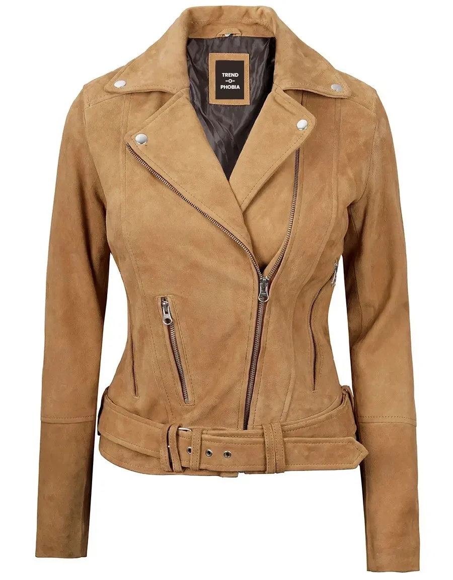 Womens Brown Asymmetrical Suede Biker Jacket