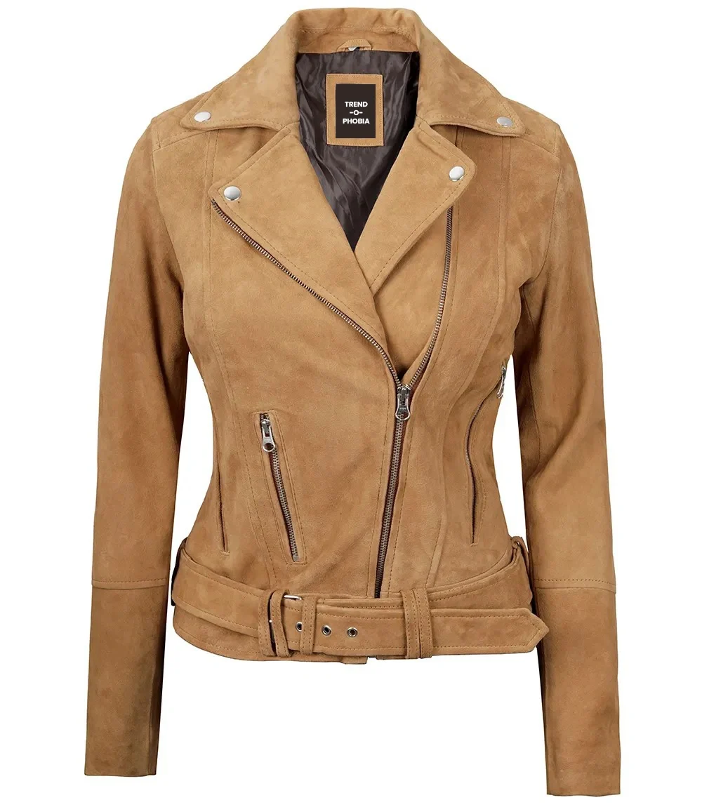 Womens Brown Asymmetrical Suede Biker Jacket