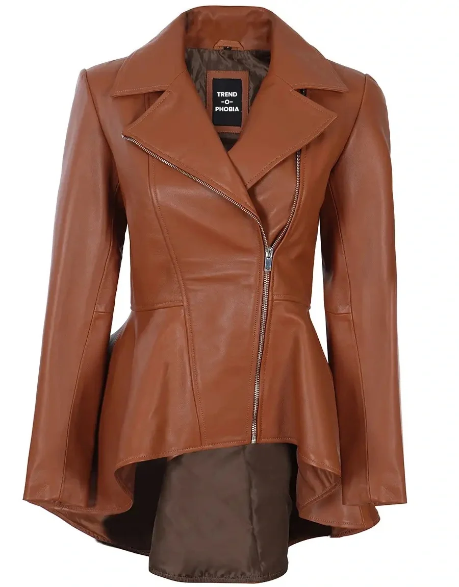Womens Cognac Brown Peplum Leather Jacket