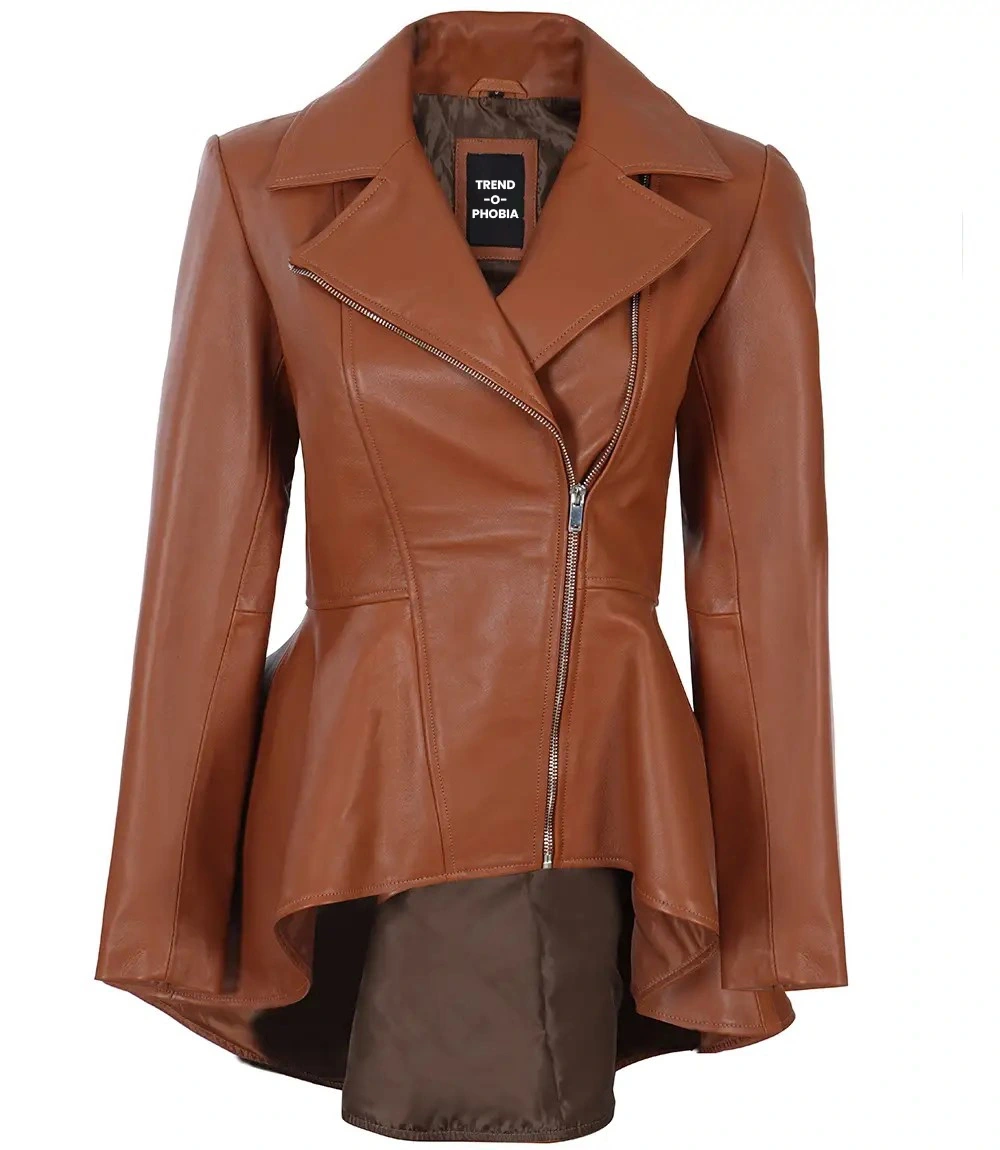 Womens Cognac Brown Peplum Leather Jacket