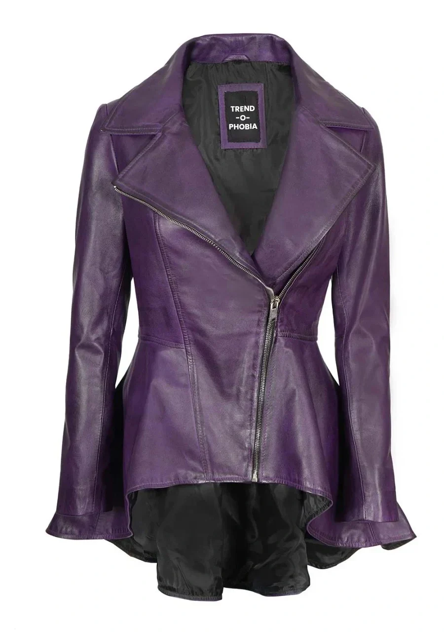 Womens Purple Asymmetrical Leather Peplum Jacket