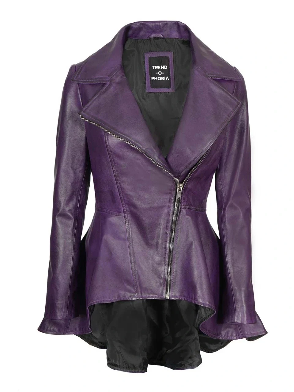 Womens Purple Asymmetrical Leather Peplum Jacket