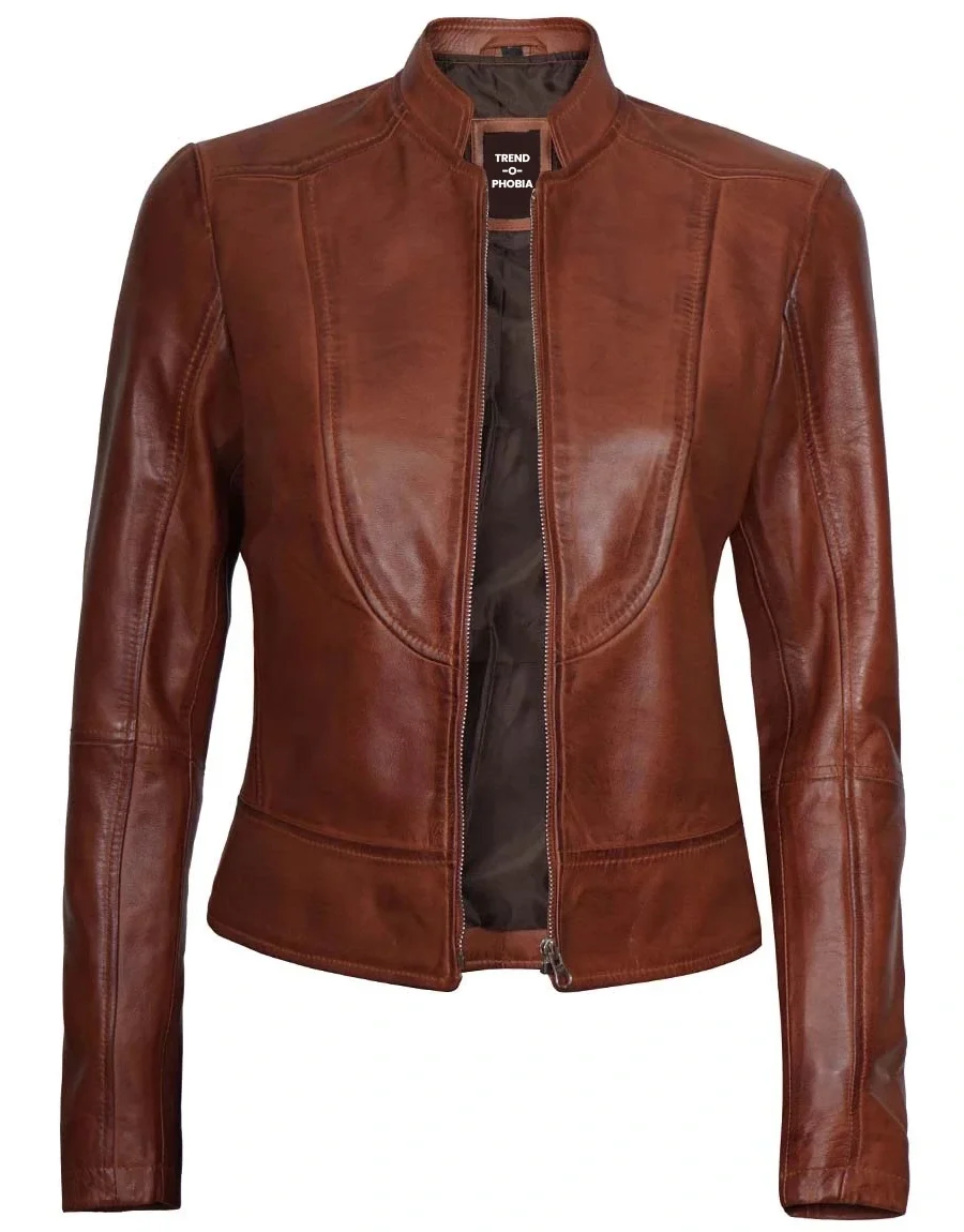Womens Vintage Cognac Cafe Racer Leather Jacket