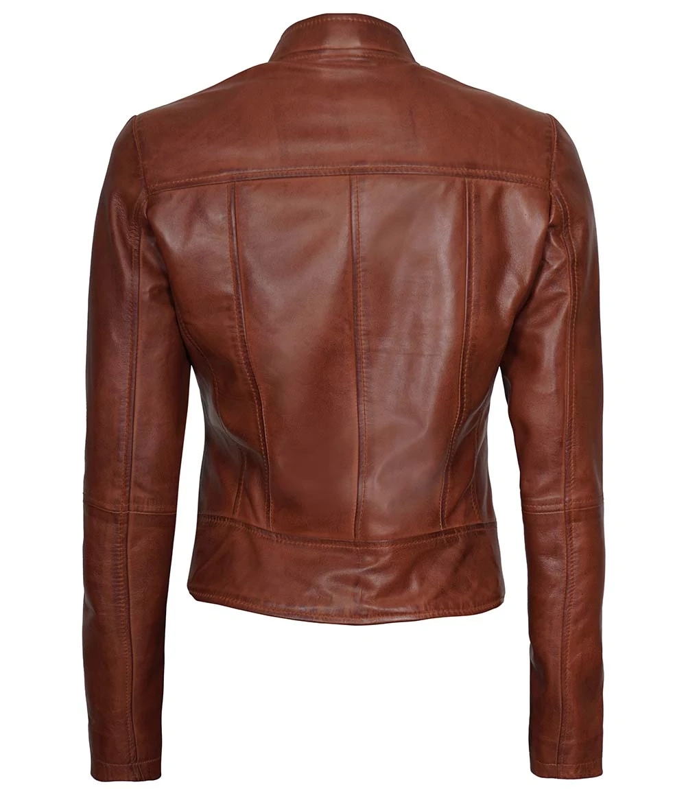 Womens Vintage Cognac Cafe Racer Leather Jacket