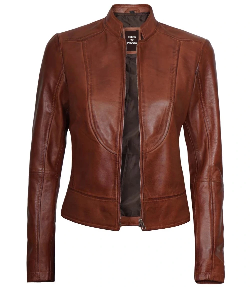Womens Vintage Cognac Cafe Racer Leather Jacket