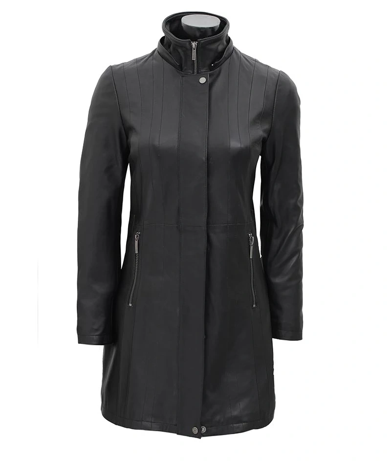 women's mid-length black leather coat