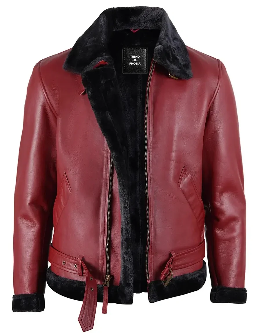Men’s Maroon Real Leather Jacket with Black Shearling
