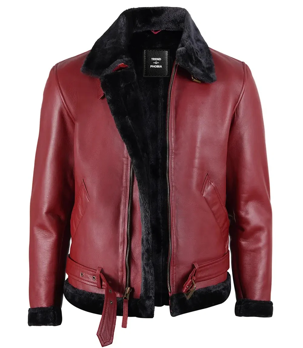 Men’s Maroon Real Leather Jacket with Black Shearling