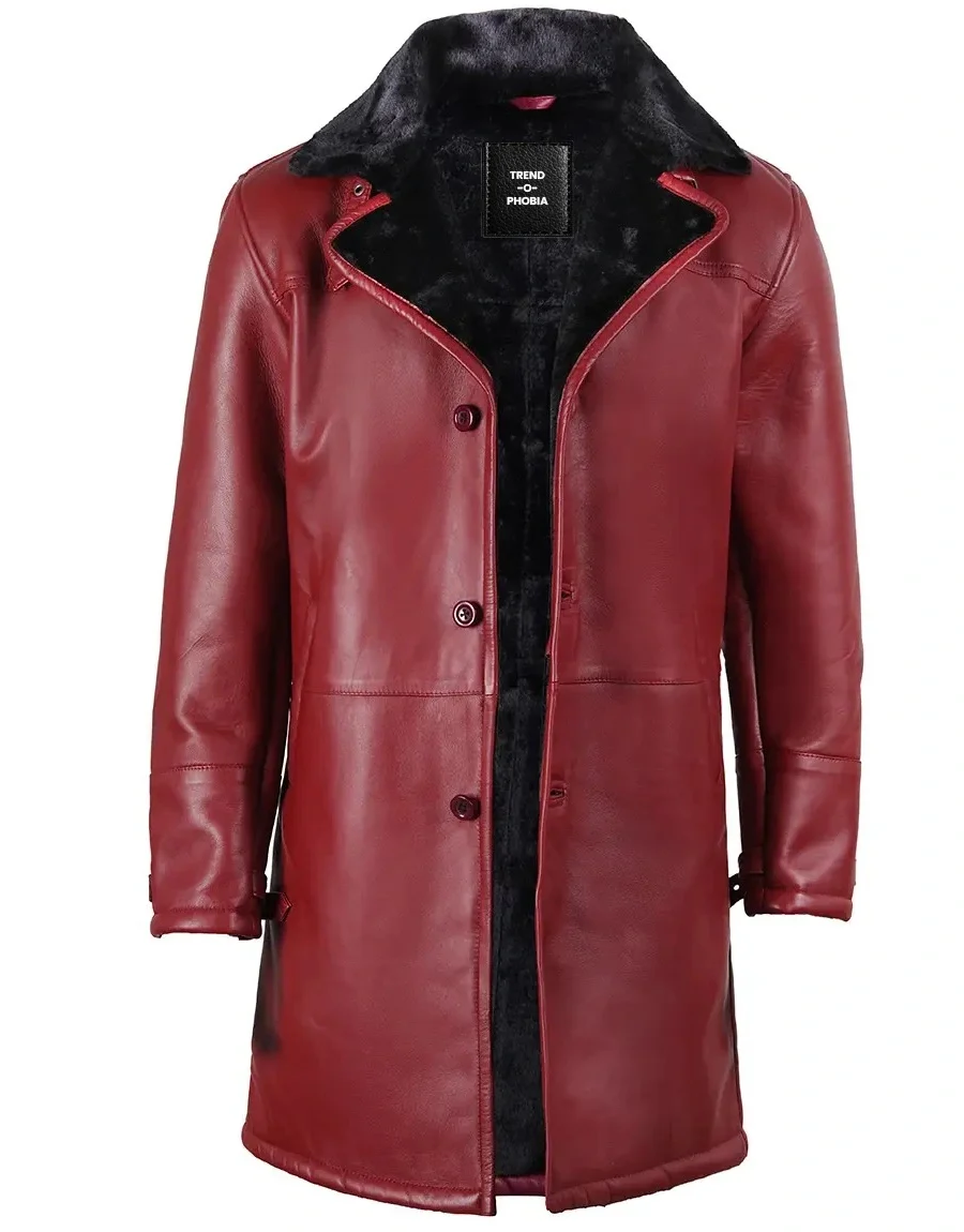 Men’s Winter Maroon Leather with Black Shearling Long Coat