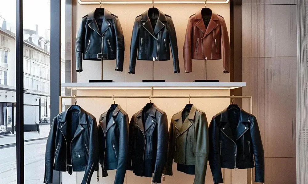 Assorted colored leather jackets image.