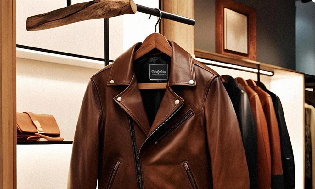 Brown cowhide biker jacket image.