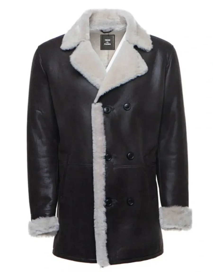 Men’s Winter Black Leather with Off White Shearling Long Coat