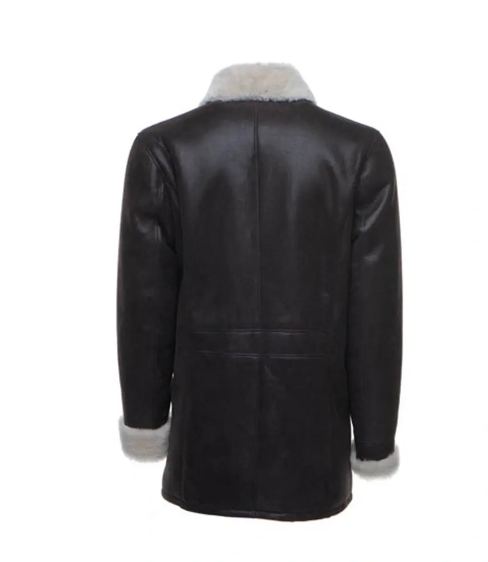 Men’s Winter Black Leather with Off White Shearling Long Coat