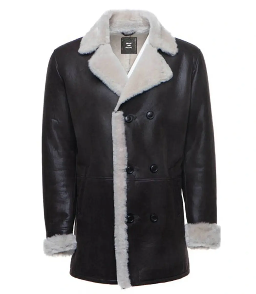 Men’s Winter Black Leather with Off White Shearling Long Coat