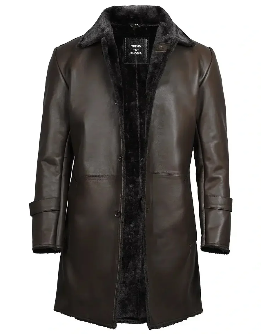 Men’s Winter Chocolate Brown Leather with Black Shearling Long Coat