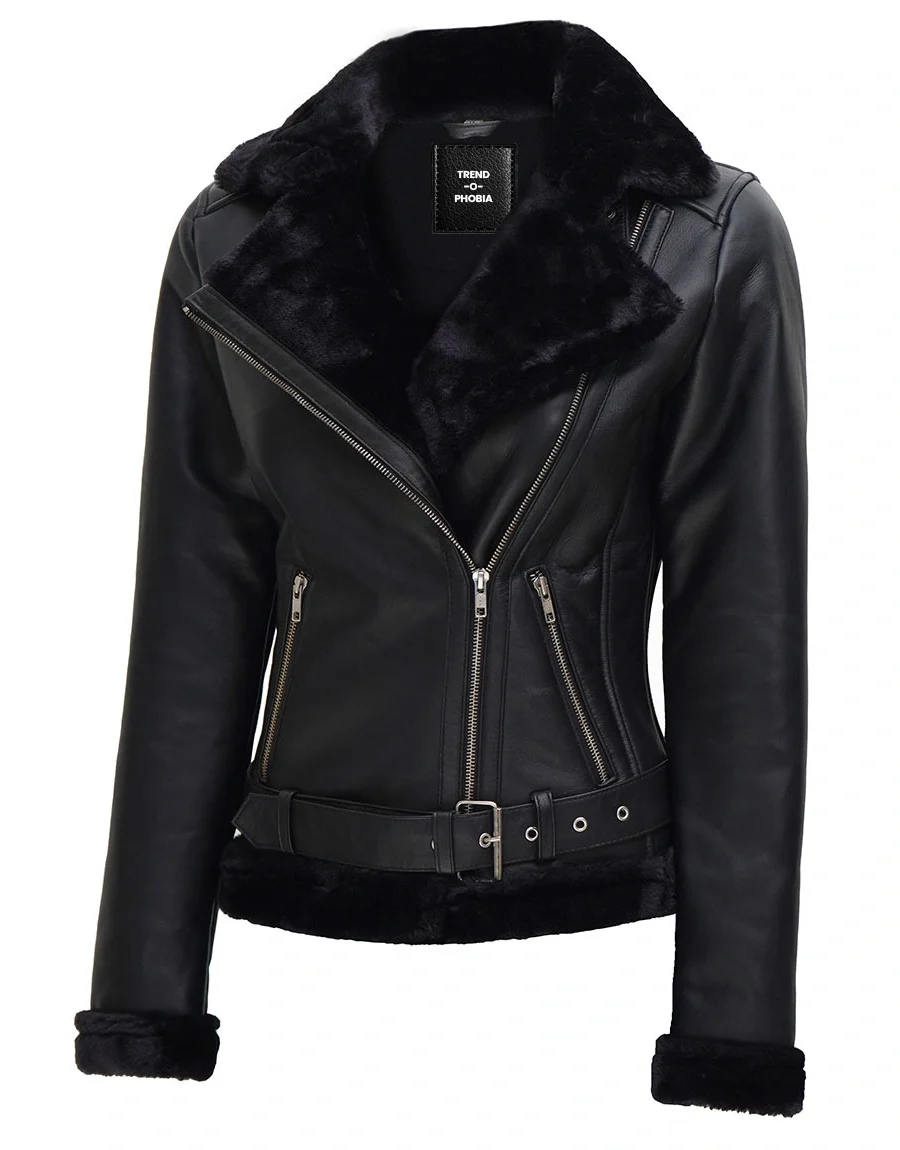 Women’s Black Real Leather Jacket with Black Shearling