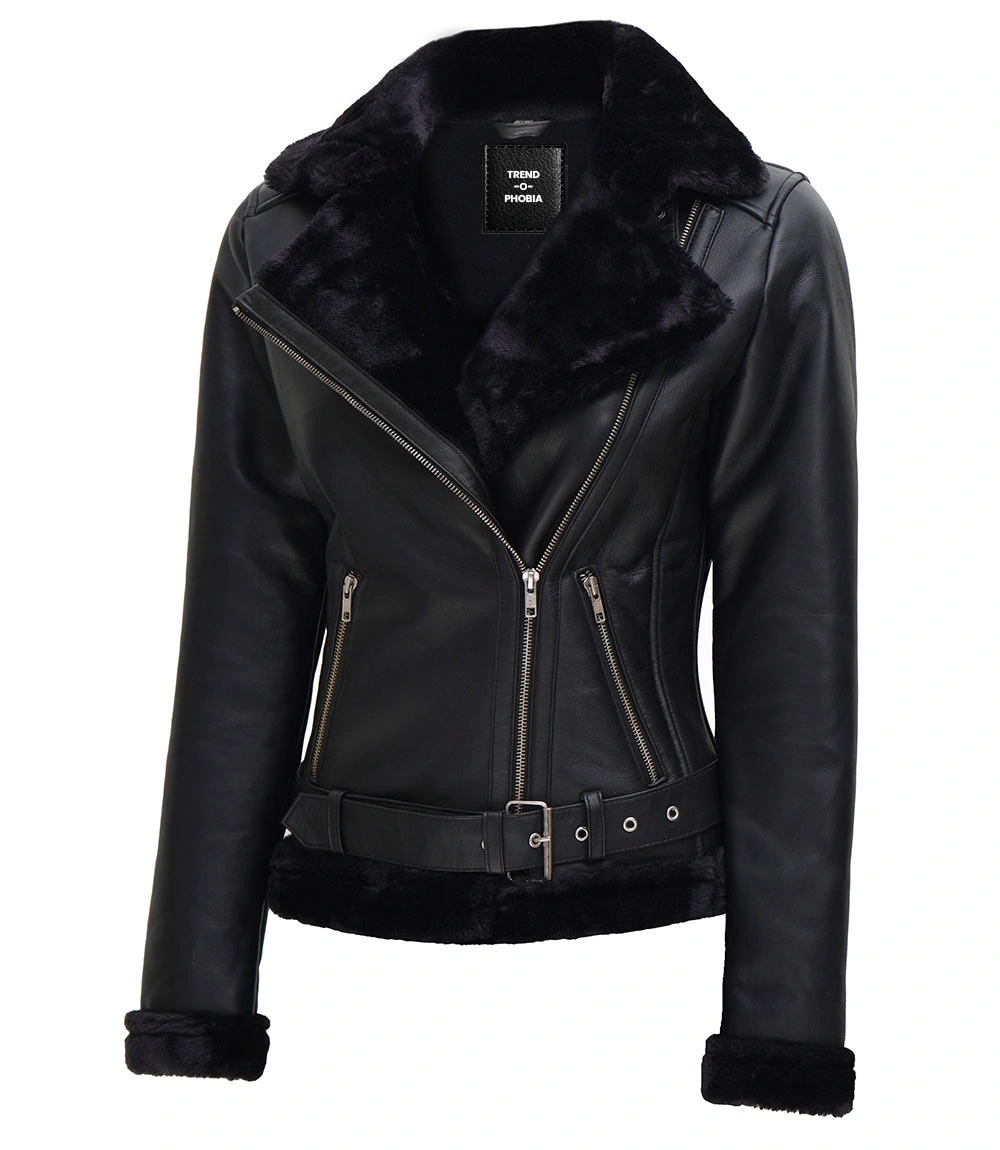 Women’s Black Real Leather Jacket with Black Shearling