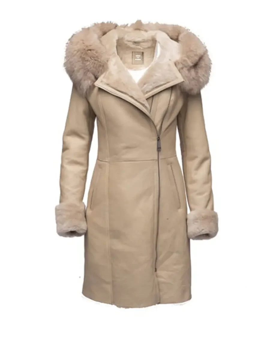 Women’s Winter Cream White Leather with Cream White Shearling Long Coat