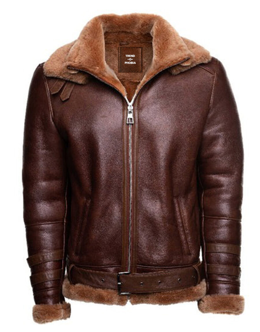 Men’s Brown Asymmetrical Leather Shearling Jacket