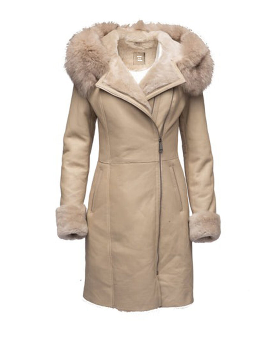 Women’s Winter Cream White Leather with Cream White Shearling Long Coat