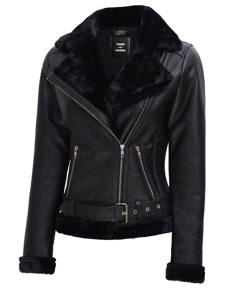 Women’s Black Real Leather Jacket with Black Shearling