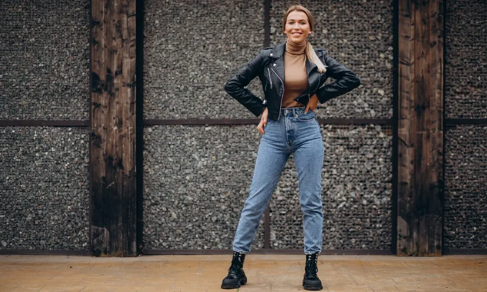 Model poses in leather image